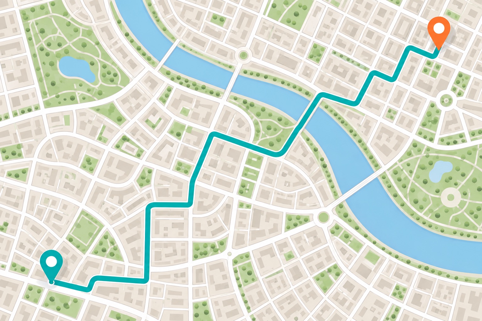 Highlighted route between two destinations on a street map